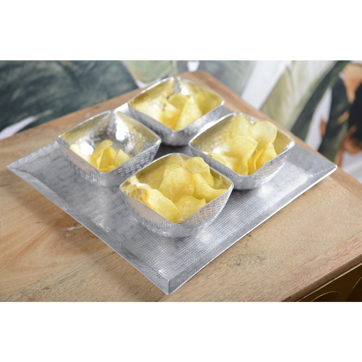 Aluminum aperitif set, 4 cups on platform - silver