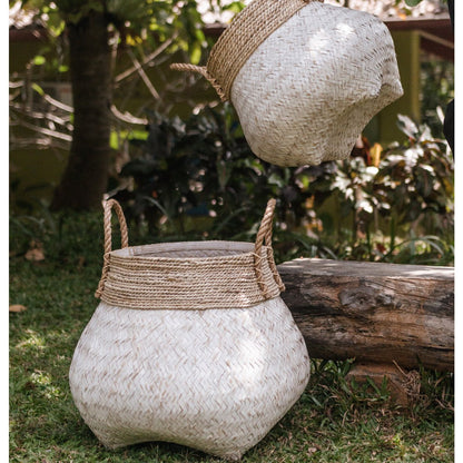 Bamboo, seagrass & jute basket BENOA S – white & beige
