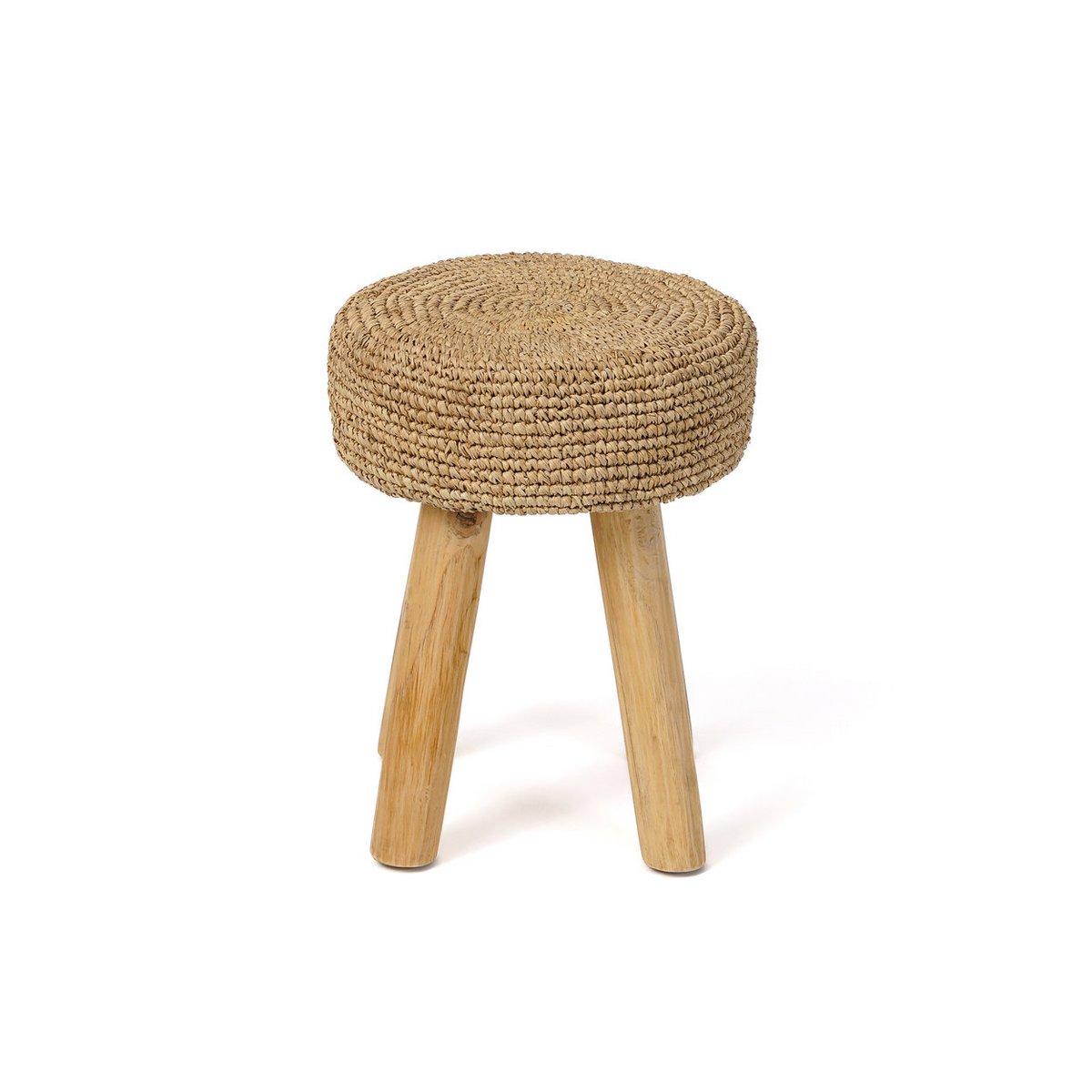 Skammel i teak og raffia, 35 cm - håndlavet