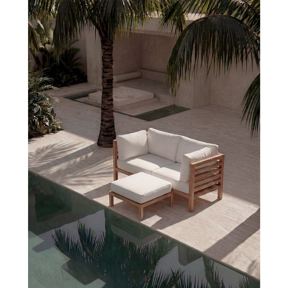 Teak wood modular ottoman, natural & white - 80cm