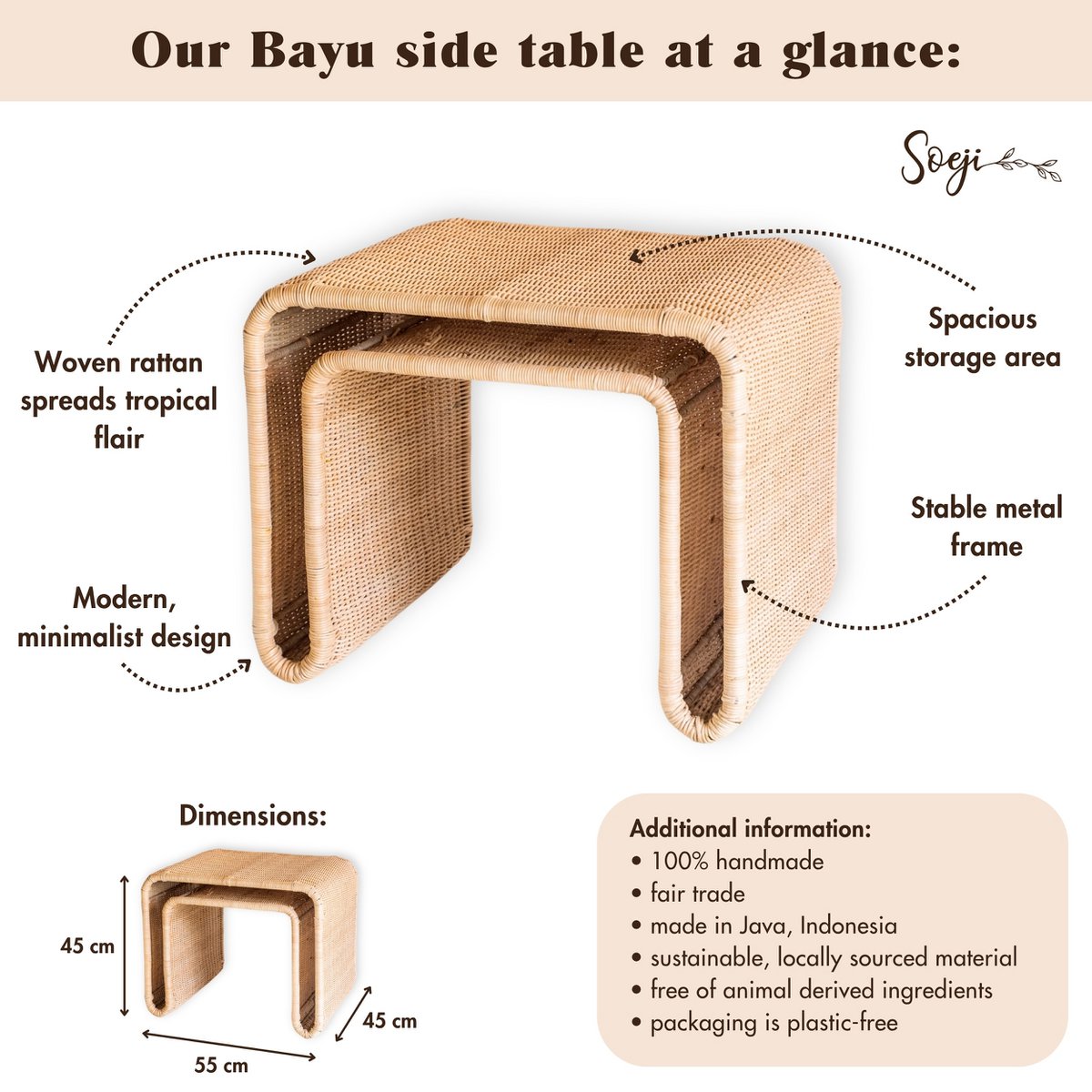 Rattan side table Bayu - handwoven top with metal frame