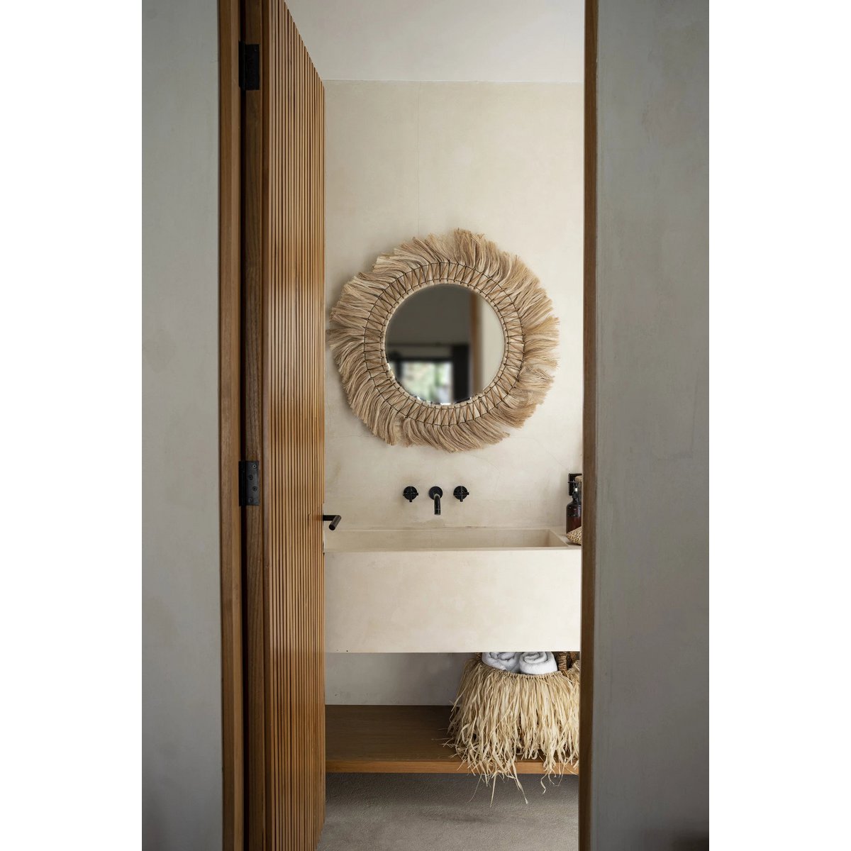Rattan wall mirror, round, 90cm - Natural blonde