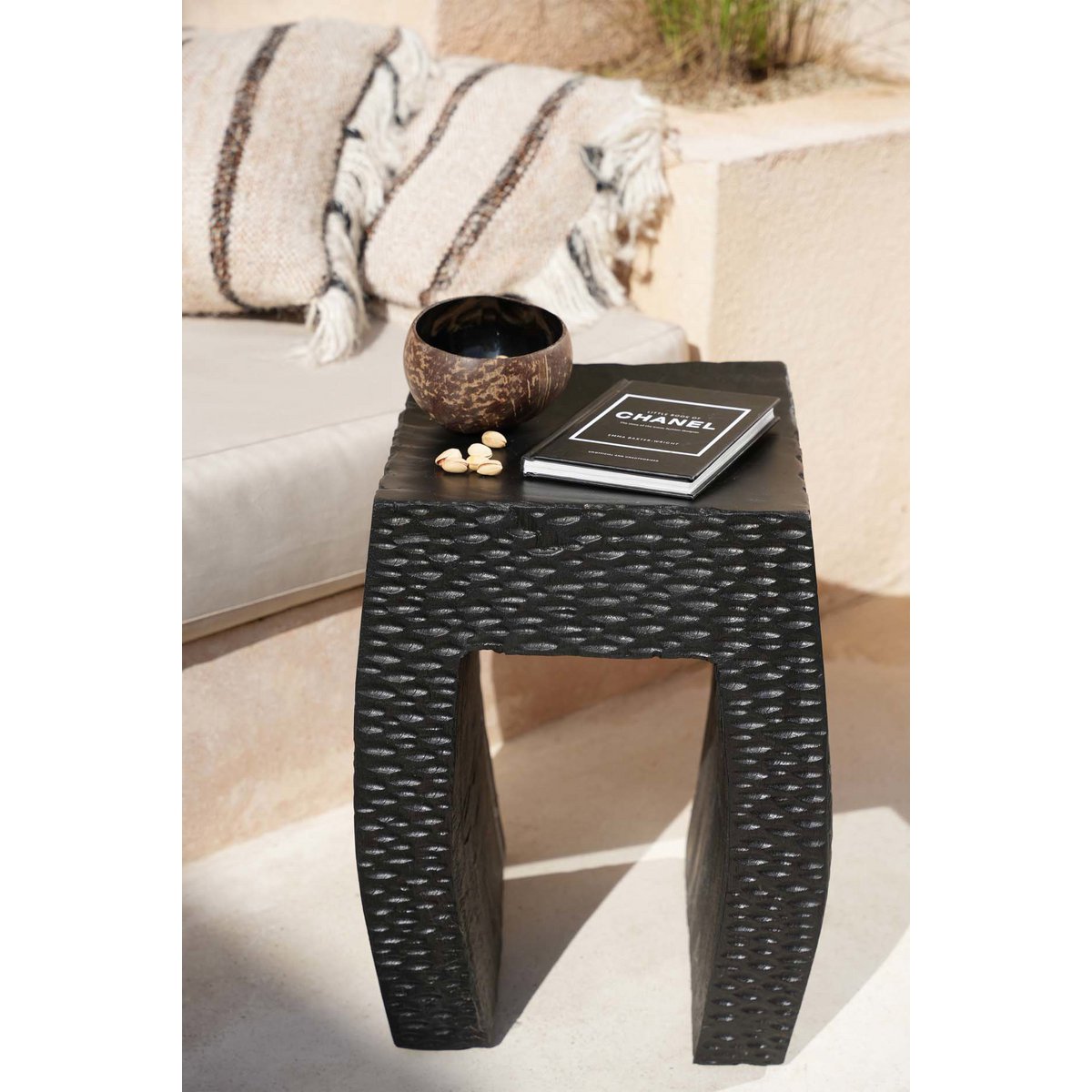 Wood stool 38×47 cm - black finish, made in Indonesia