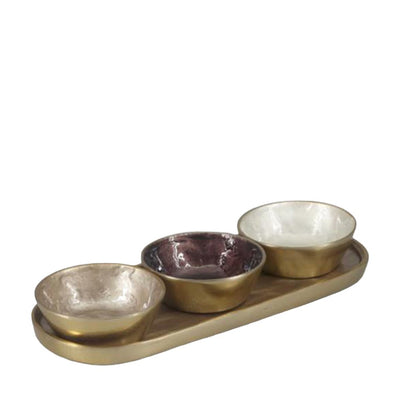 Aluminum aperitif set, 3 cups on oval tray