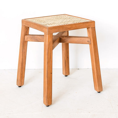 Rain tree wood stool with rattan seat 41×41×46 cm