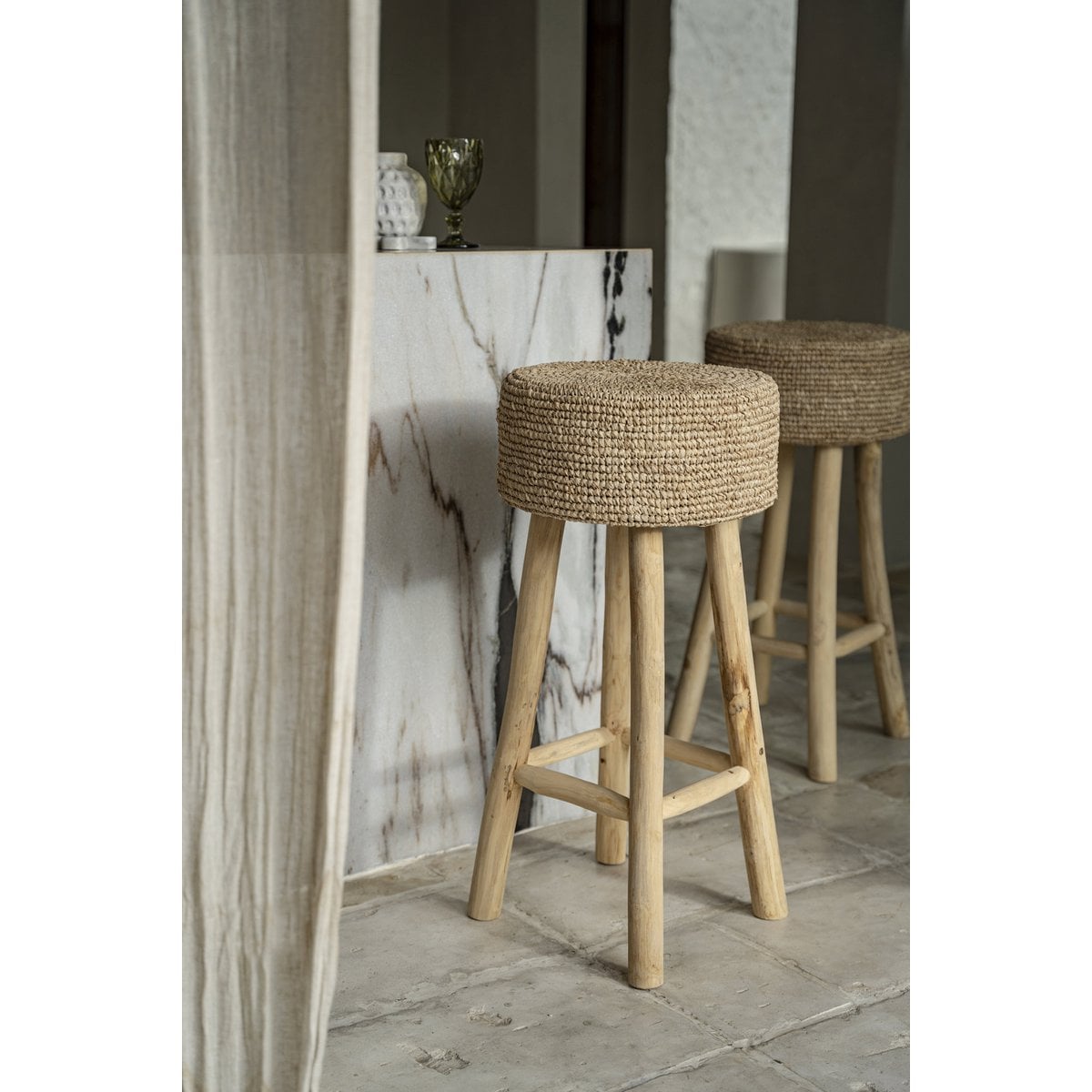 Wood raffia bar stool 75 cm tall - handcrafted in Indonesia