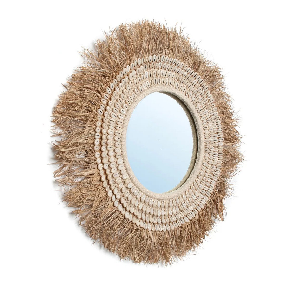 Wandspiegel aus Bast und Kaurischnecken, 75 cm – Beige und Braun