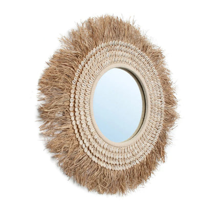 Wandspiegel aus Bast und Kaurischnecken, 75 cm – Beige und Braun