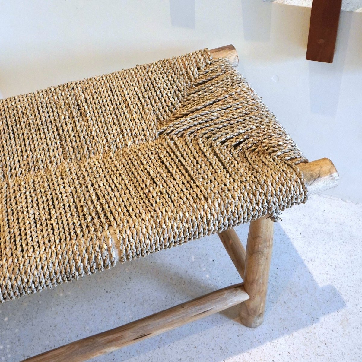 Solid wood bench Sungai beige - woven seagrass seat