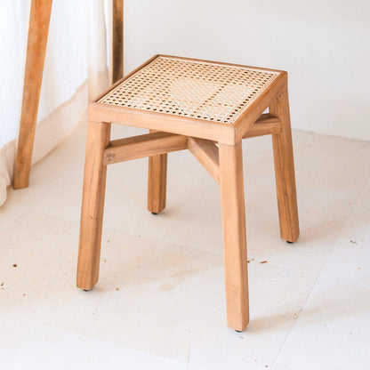 Rain tree wood stool with rattan seat 41×41×46 cm