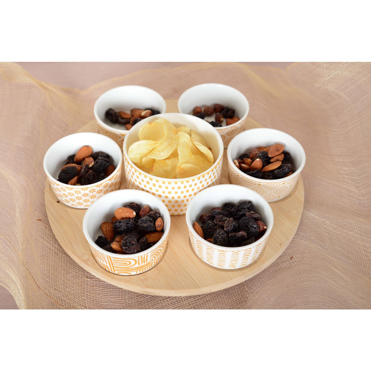 Aperitif set, 7 cups on round wooden tray - 30 cm