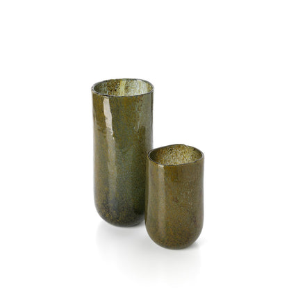 Glass vase, olive green, low - hand-blown