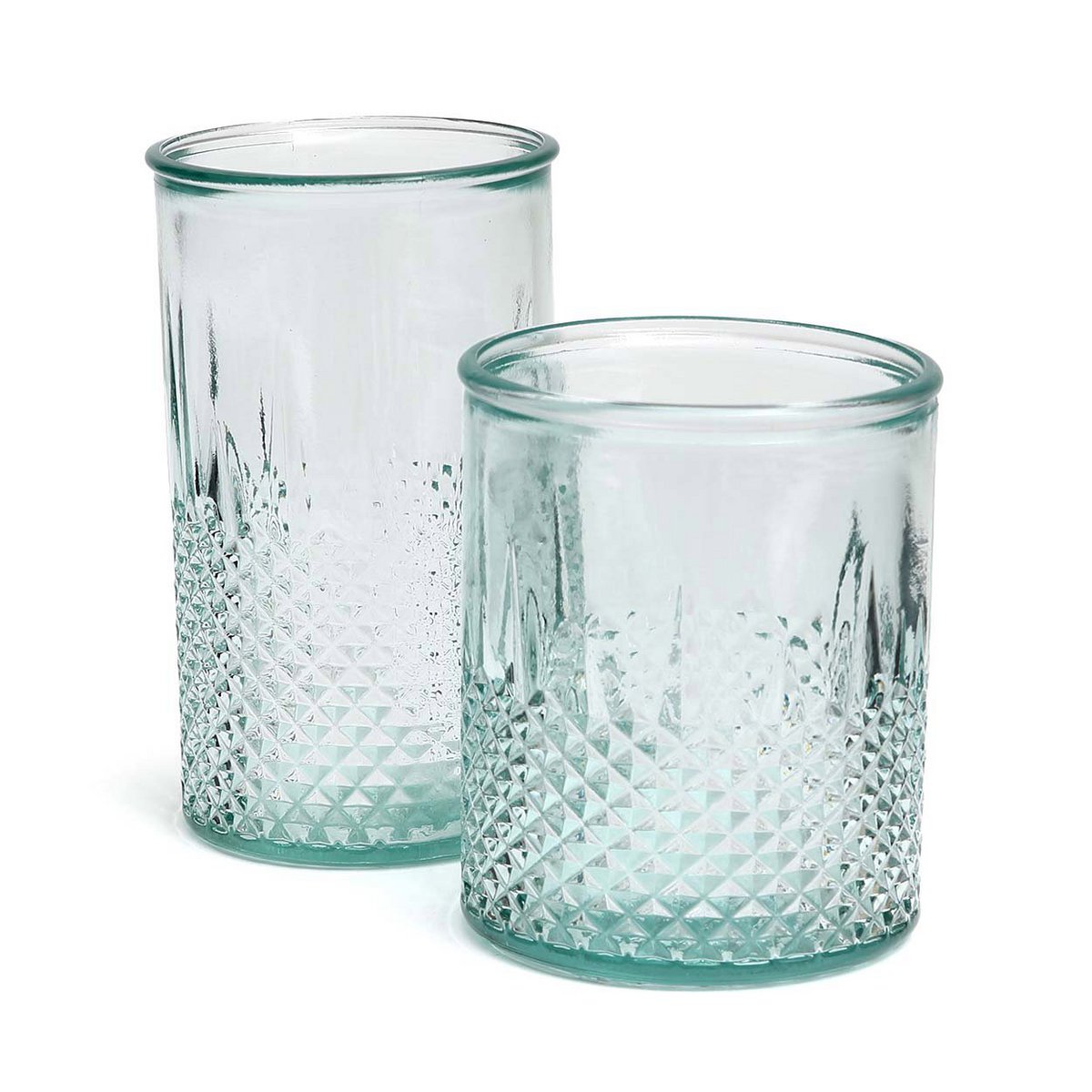 Trinkglas aus recyceltem Glas mit Diamantschliff, blau, mittel