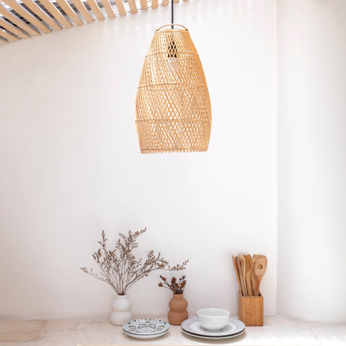 Rattan cylinder pendellampeskærm TABUNG – Ø 24 cm