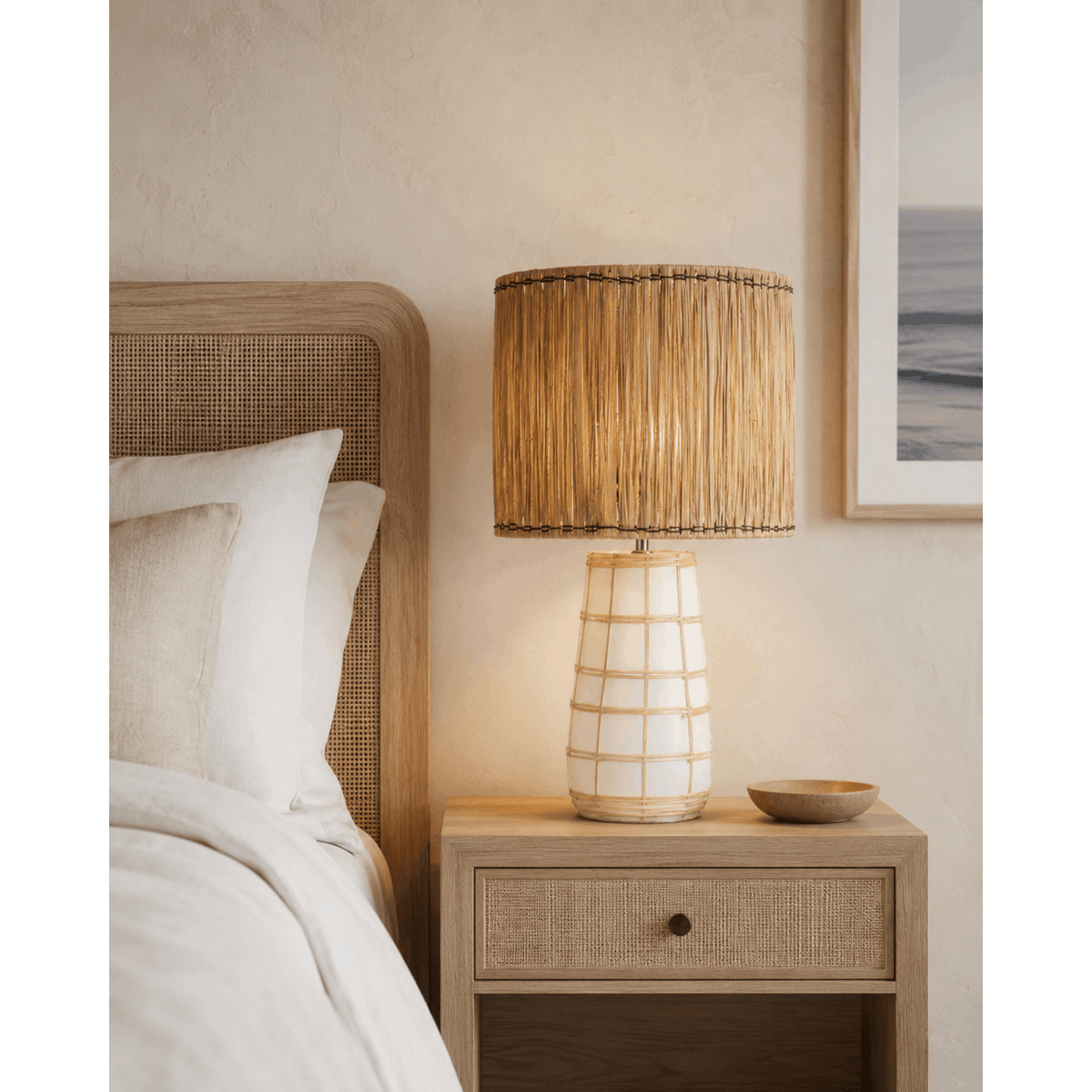 Molokai table lamp - White terracotta with woven shade