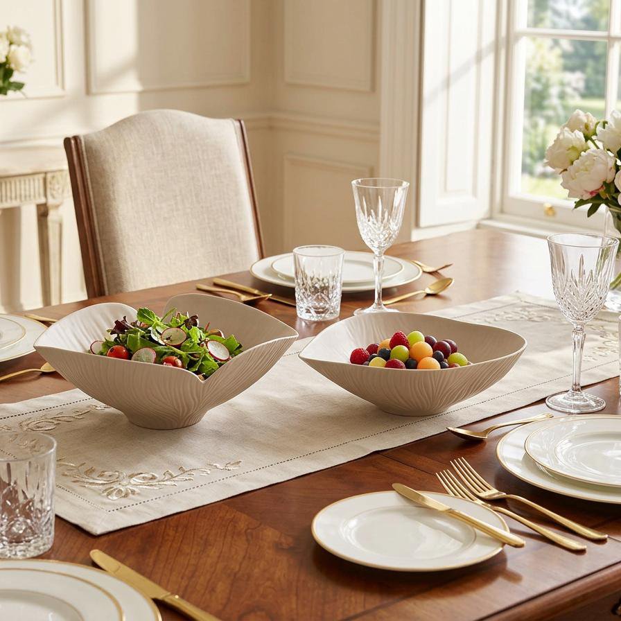 Ceramic serving bowl, beige floral matte, 41cm