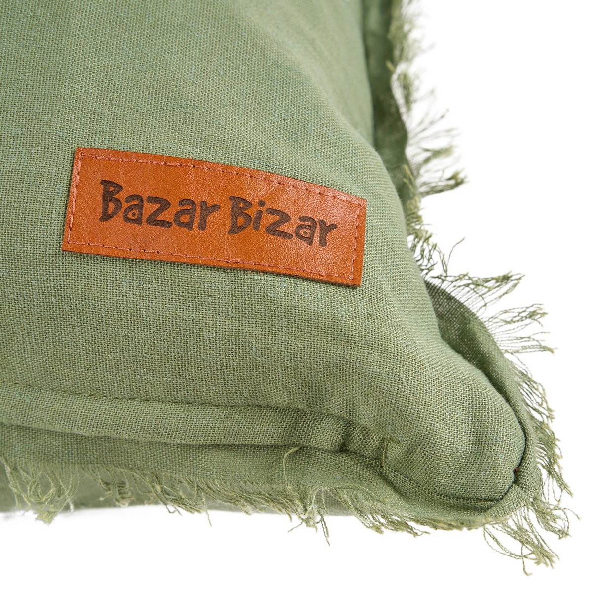 Linen cushion cover with fringe, sage green - 50×50cm
