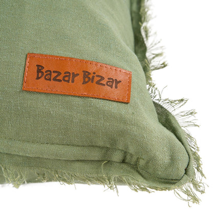 Linen cushion cover with fringe, sage green - 50×50cm