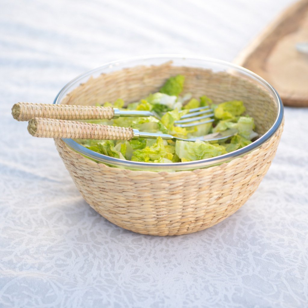 Serveringsskål af glas og rattan 27 × 27 cm - naturflet