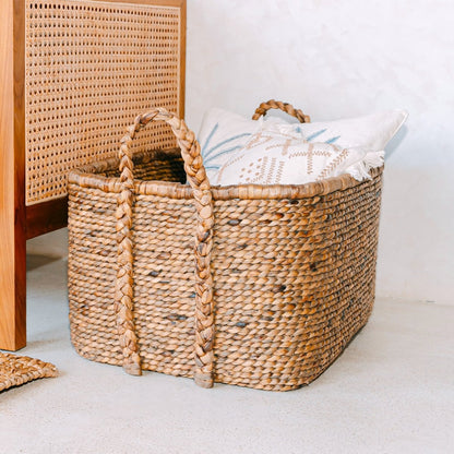 Woven square laundry basket 49×40 cm – beige & brown, 29 cm tall