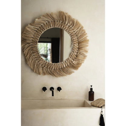 Rattan wall mirror, round, 90cm - Natural blonde
