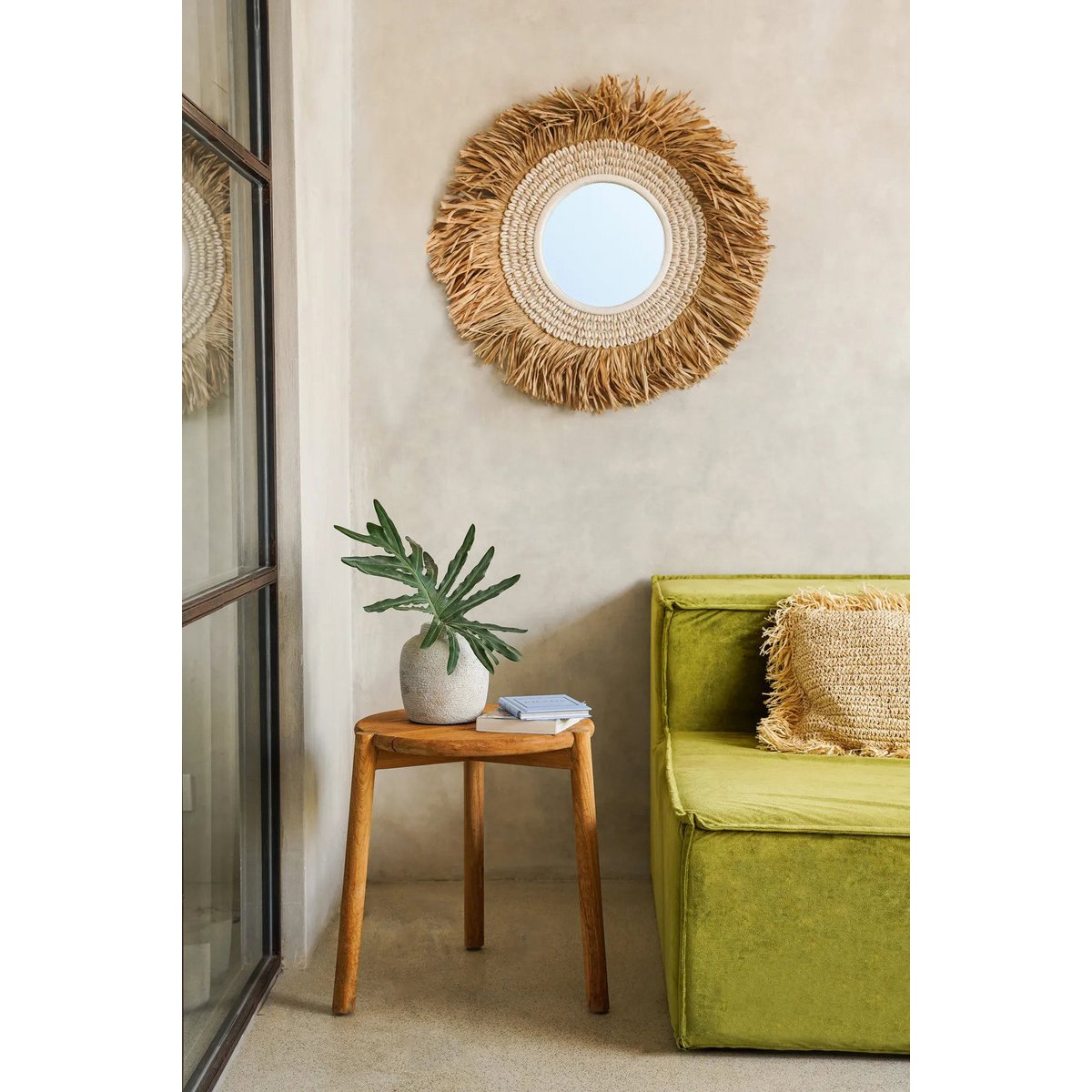 Wandspiegel aus Bast und Kaurischnecken, 75 cm – Beige und Braun