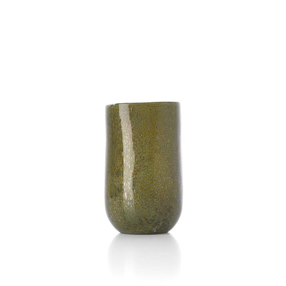 Glass vase, olive green, low - hand-blown