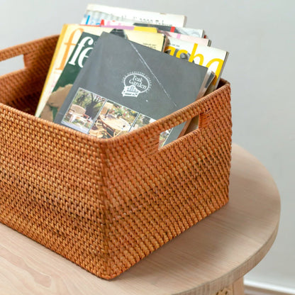 Handwoven rattan shelf basket Warsa M – 38 × 23 × 28 cm