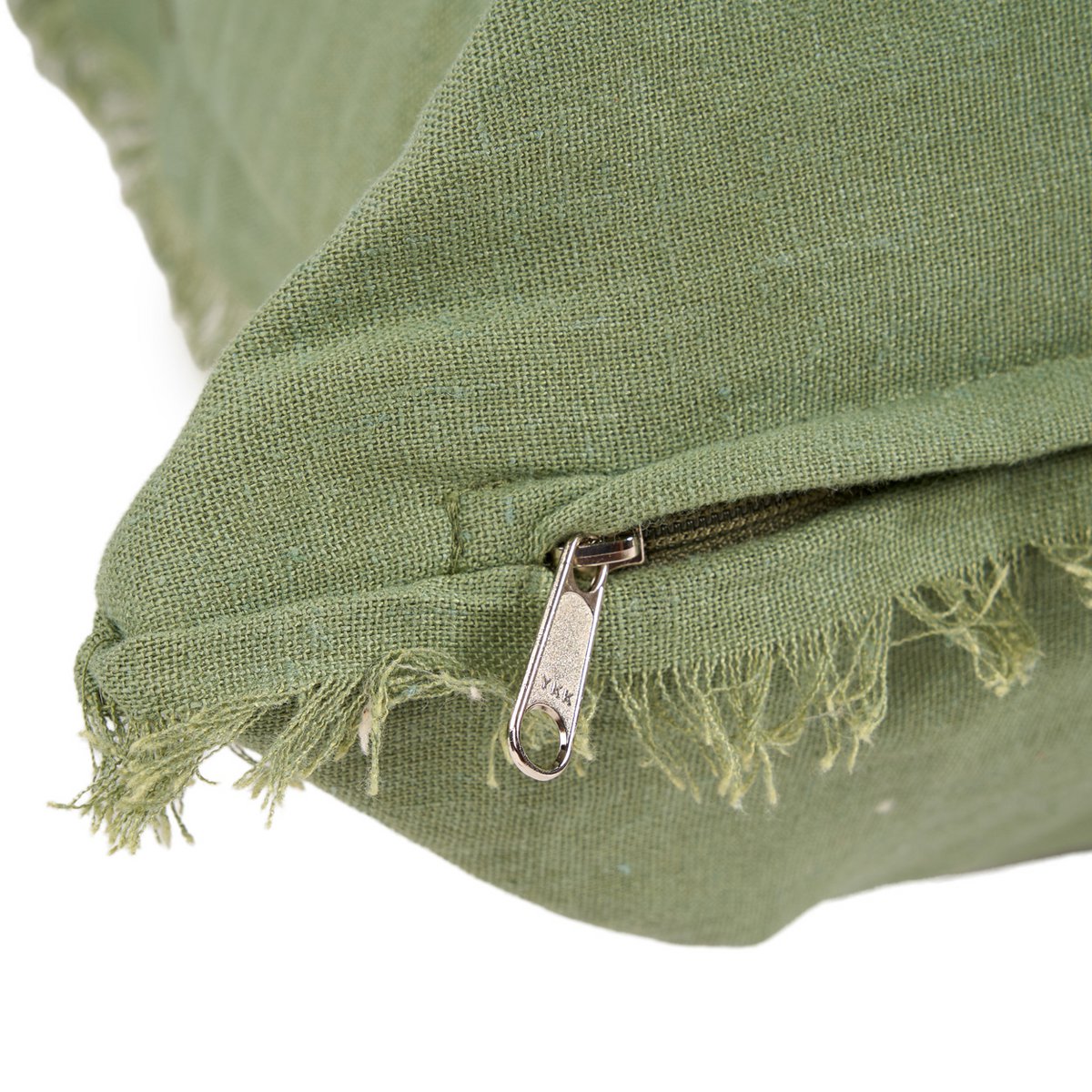 Linen cushion cover with fringe, sage green - 50×50cm