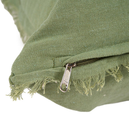 Linen cushion cover with fringe, sage green - 50×50cm
