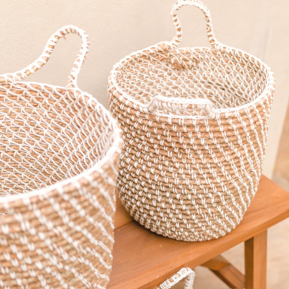 Vasketøjskurv, rund, i jute og bomuld, M – 30 × 34 cm