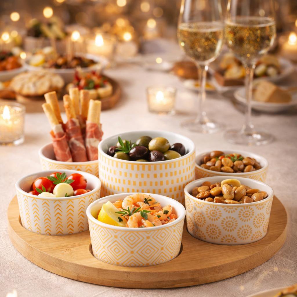 Aperitif set, 7 cups on round wooden tray - 30 cm