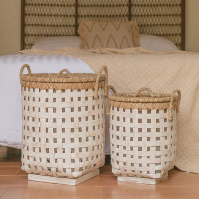 Bamboo & rattan laundry basket IRAYA with lid, 41 cm