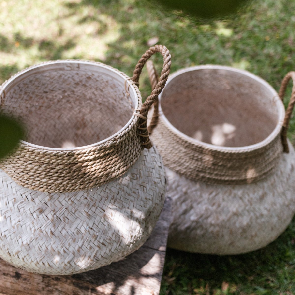 Bamboo, seagrass & jute basket BENOA S – white & beige