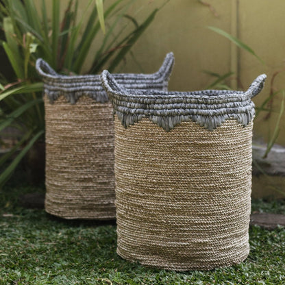 Seagrass vasketøjskurv NIAS M – 35 × 40 cm, beige & blå