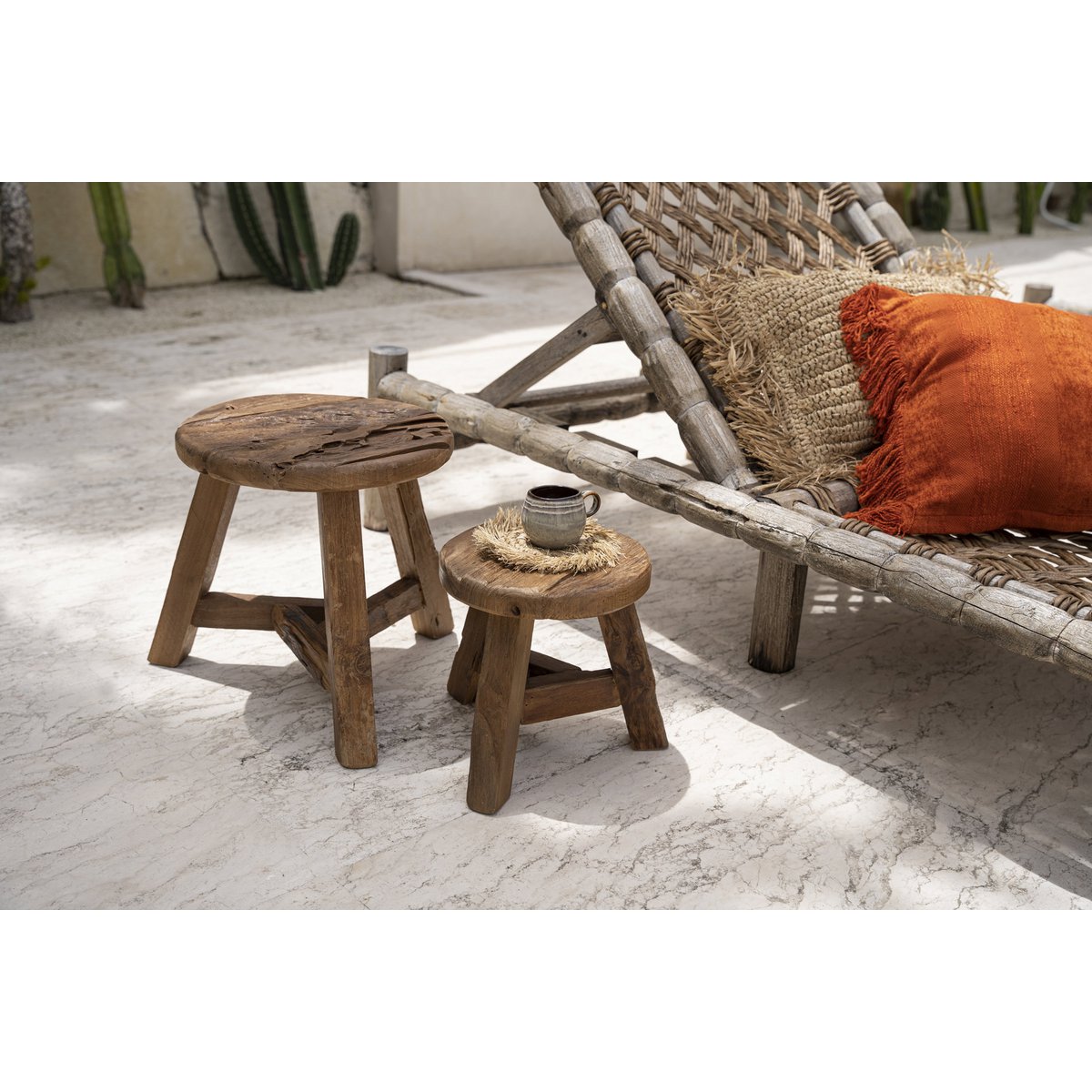 Reclaimed teak stool, tripod - 44cm L