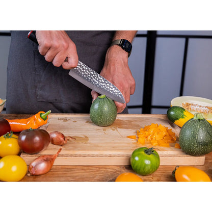 440C steel santoku knife 180 mm - hammered blade with bamboo saya