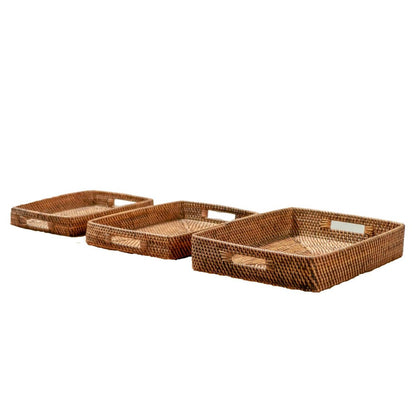 Rattan rectangular tray Amahai M – geometric, brown & red