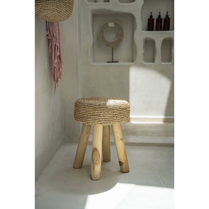 Skammel i teak og raffia, 35 cm - håndlavet