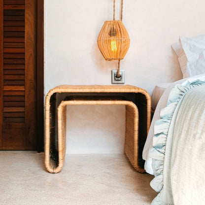 Rattan side table Bayu - handwoven top with metal frame