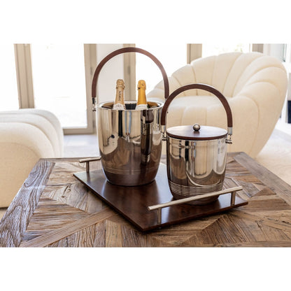 Wood and steel ice bucket, 19×19×24 cm - double-walled with cover