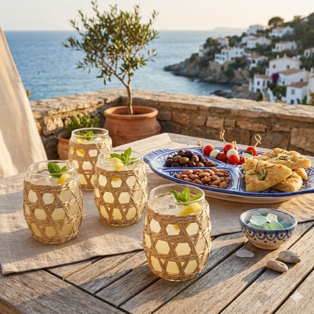 Glass water glasses with rattan 12.5cm - set of 6