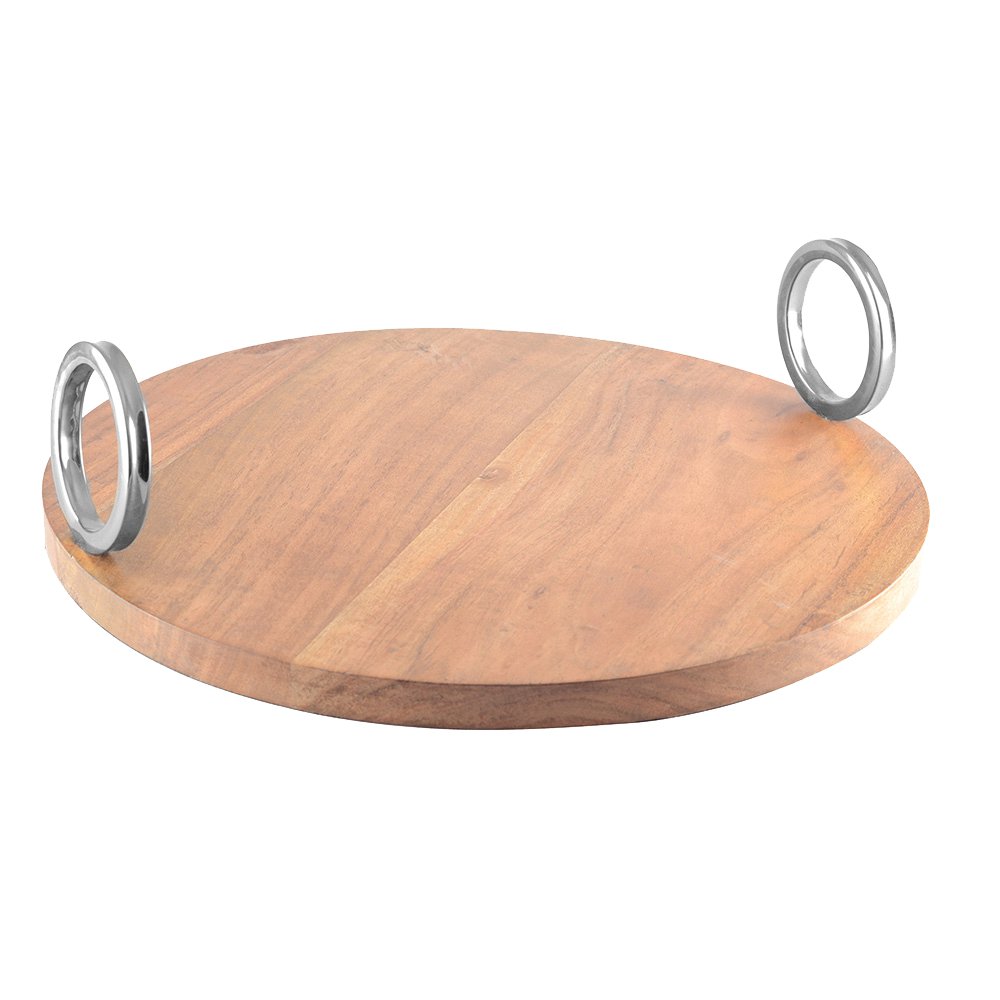 Round wooden tray with silver handle 38 × 38 × 11 cm