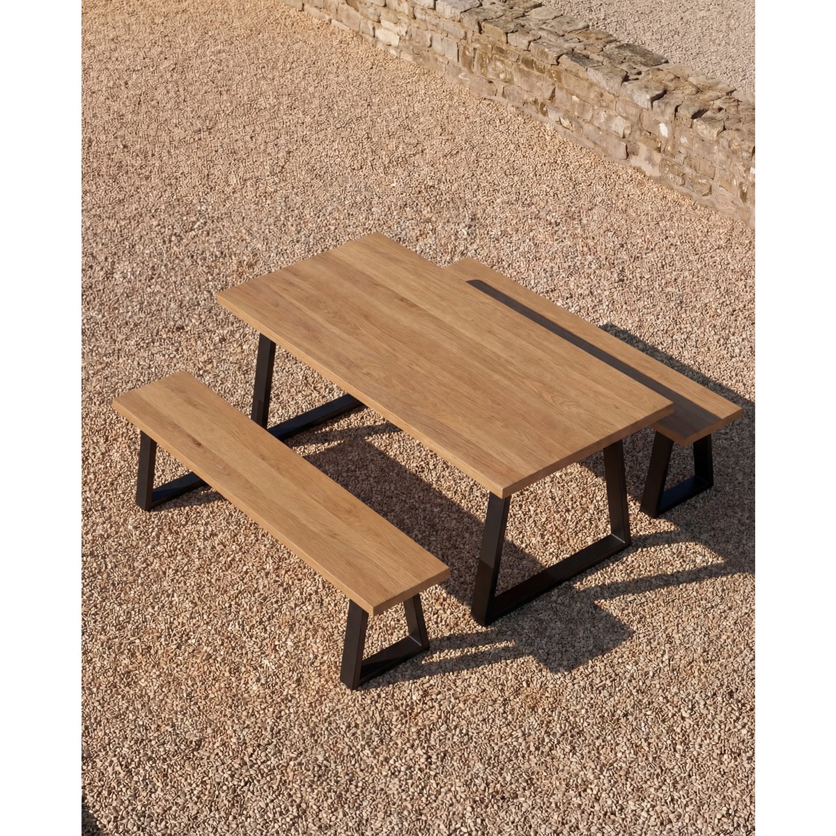 Teak bench with iron legs, 220 cm - reclaimed