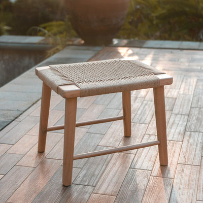 Trembesi wood stool SUNDA with woven recycled-paper seat