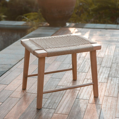 Trembesi wood stool SUNDA with woven recycled-paper seat
