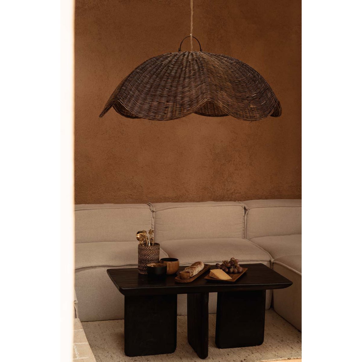 Rattan wave pendant, dark walnut - Large