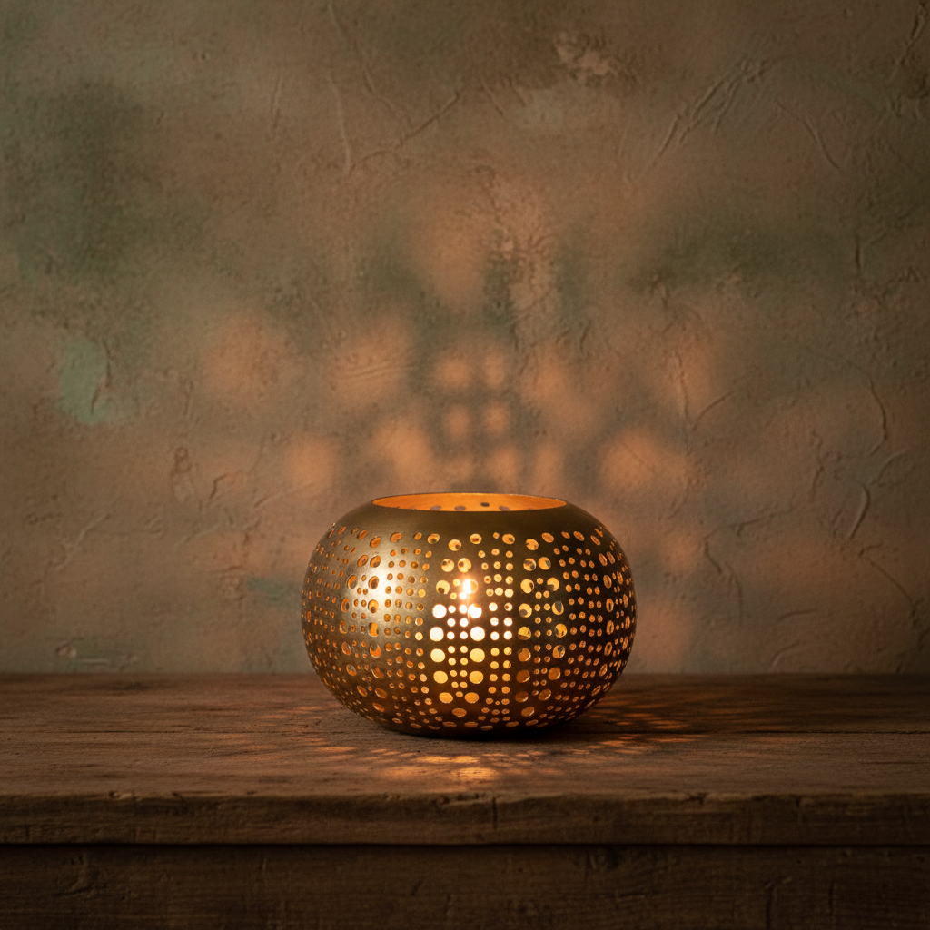 Brass tea light holder 16×16×10 cm - polka dot pattern