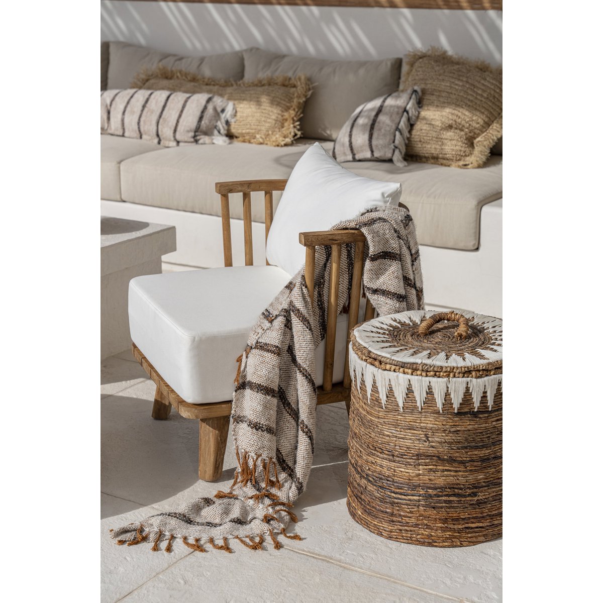 Cotton plaid throw 130×170 – cream, charcoal, handwoven