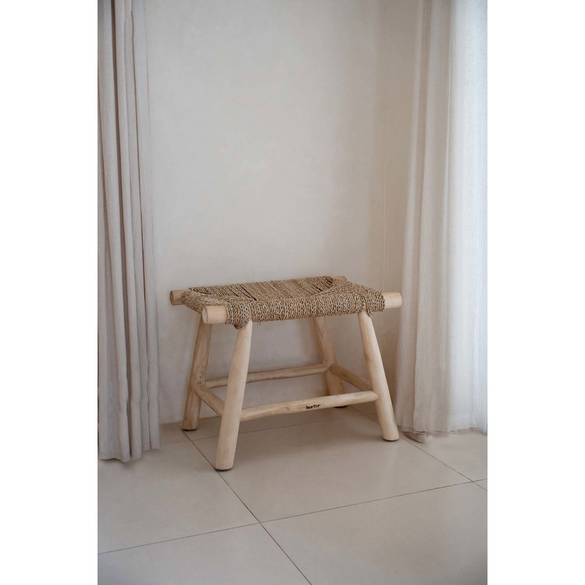 Seagrass and wood stool, 60 cm - handmade